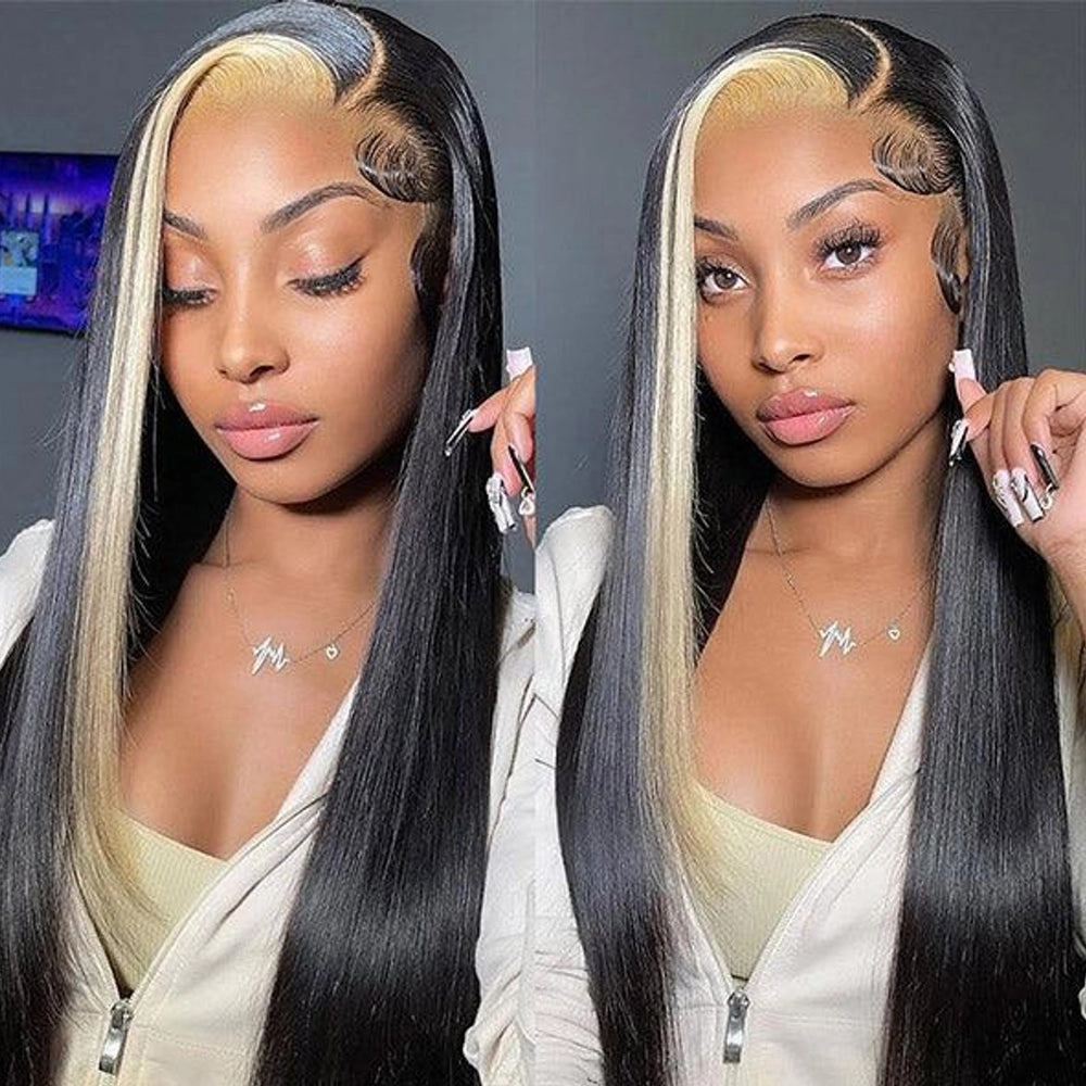 Highlight Skunk Stripe Wig Pre Plucked Lace Frontal Wig Straight Human Hair