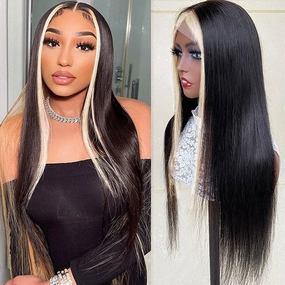 Highlight Skunk Stripe Wig Pre Plucked Lace Frontal Wig Straight Human Hair