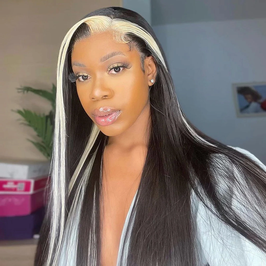 Highlight Skunk Stripe Wig Pre Plucked Lace Frontal Wig Straight Human Hair