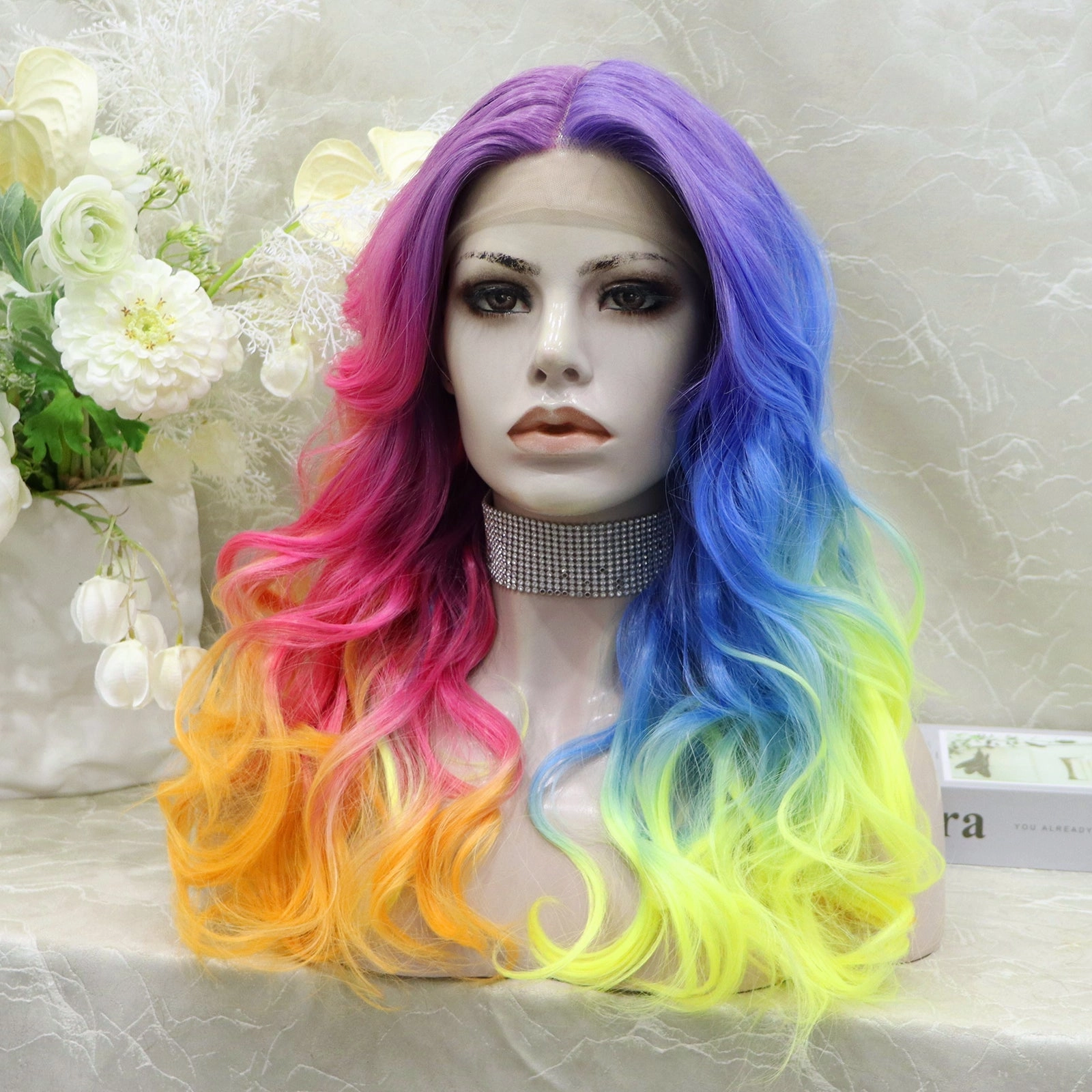 IMstyle Dazzling Rainbow colorful wigs with 22inches wavy style T-part lace front synthetic wigs heat friendly