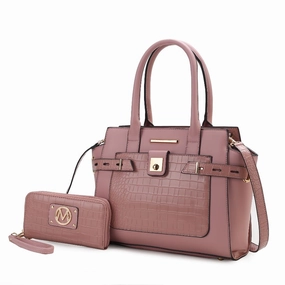 Isla Crocodile Embossed Vegan Leather Womens Satchel Bag with wallet -2 pieces