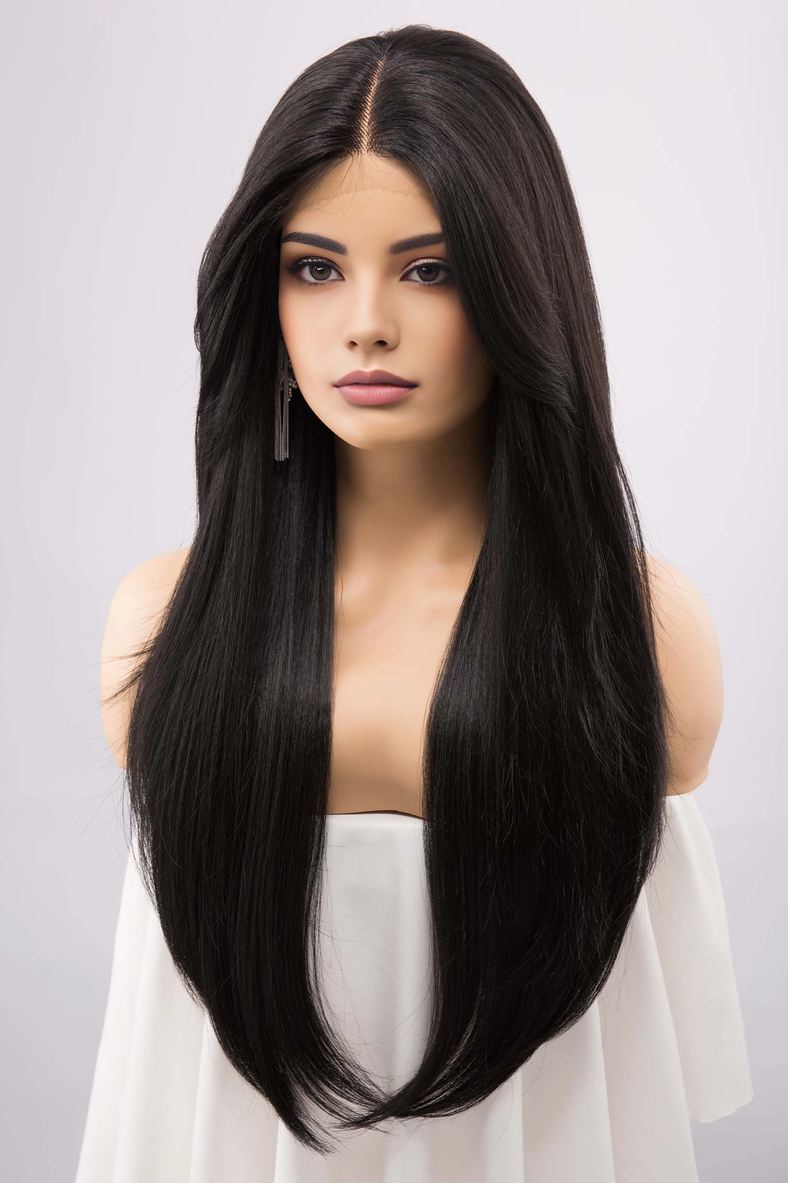 Jet Black Straight Lace Front Synthetic Wig with Curtain Bangs Melody