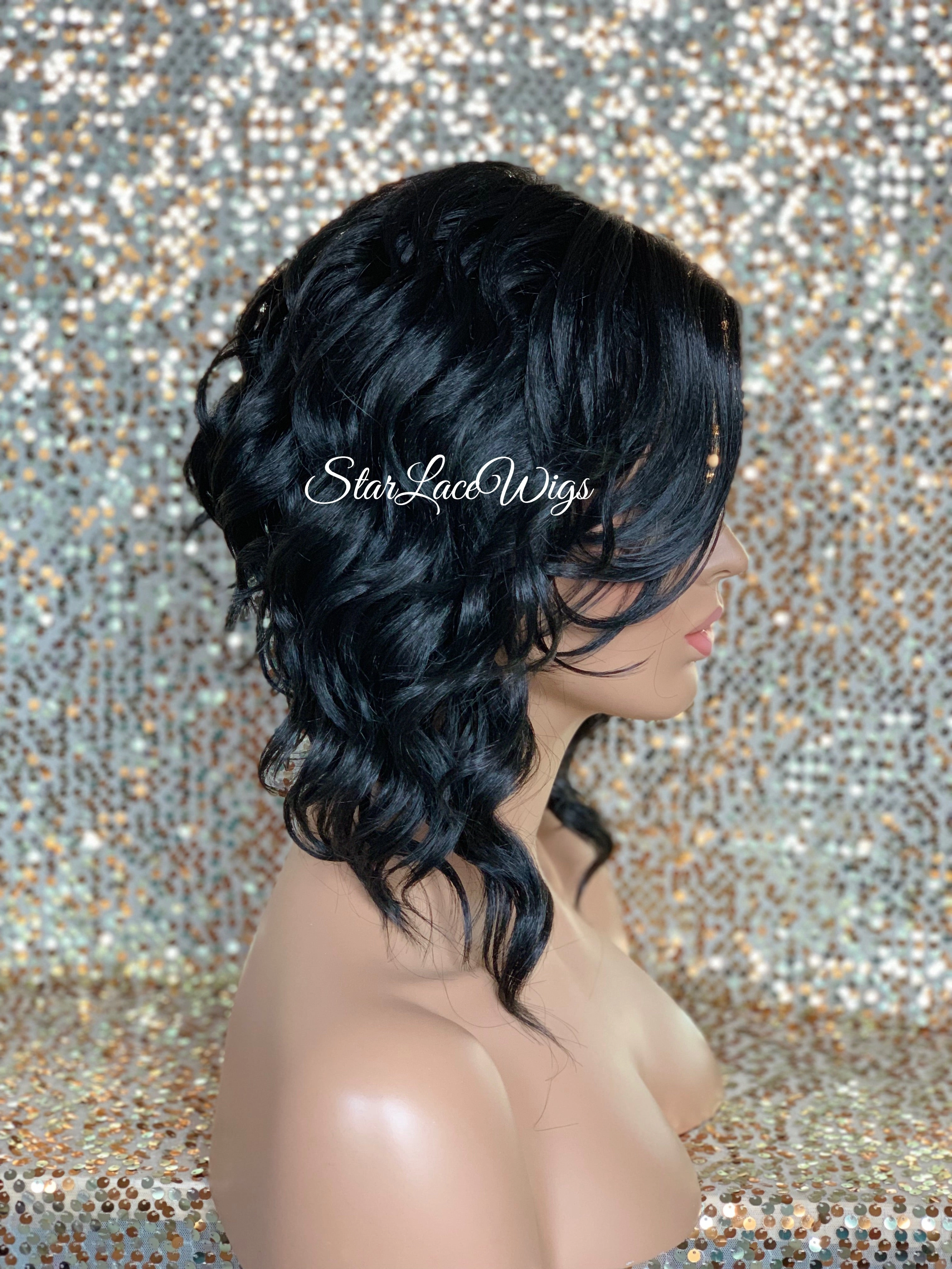 Lace Front Wig Asymmetrical Angled Bob Wavy Black Bangs - Trudy