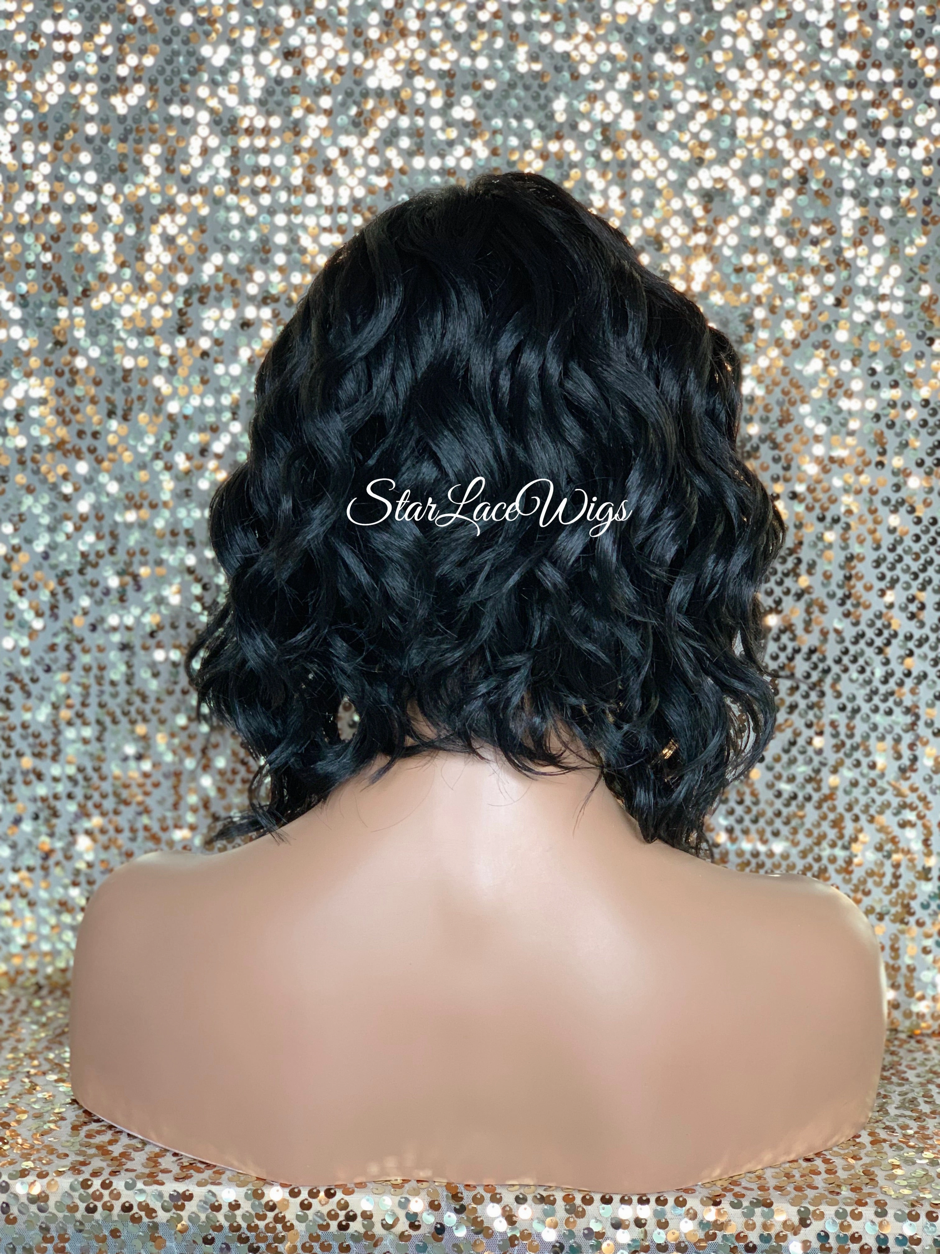 Lace Front Wig Asymmetrical Angled Bob Wavy Black Bangs - Trudy