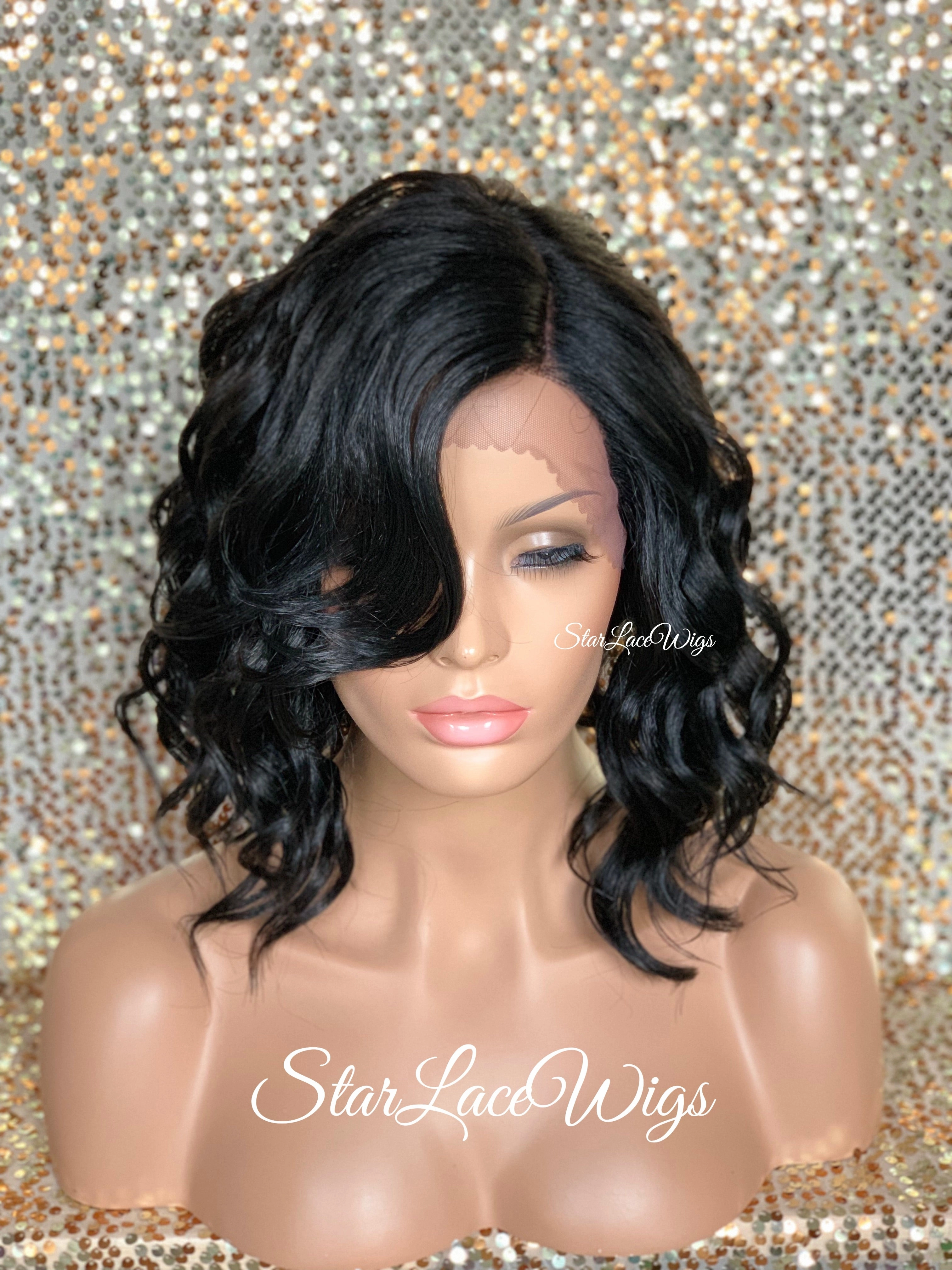 Lace Front Wig Asymmetrical Angled Bob Wavy Black Bangs - Trudy