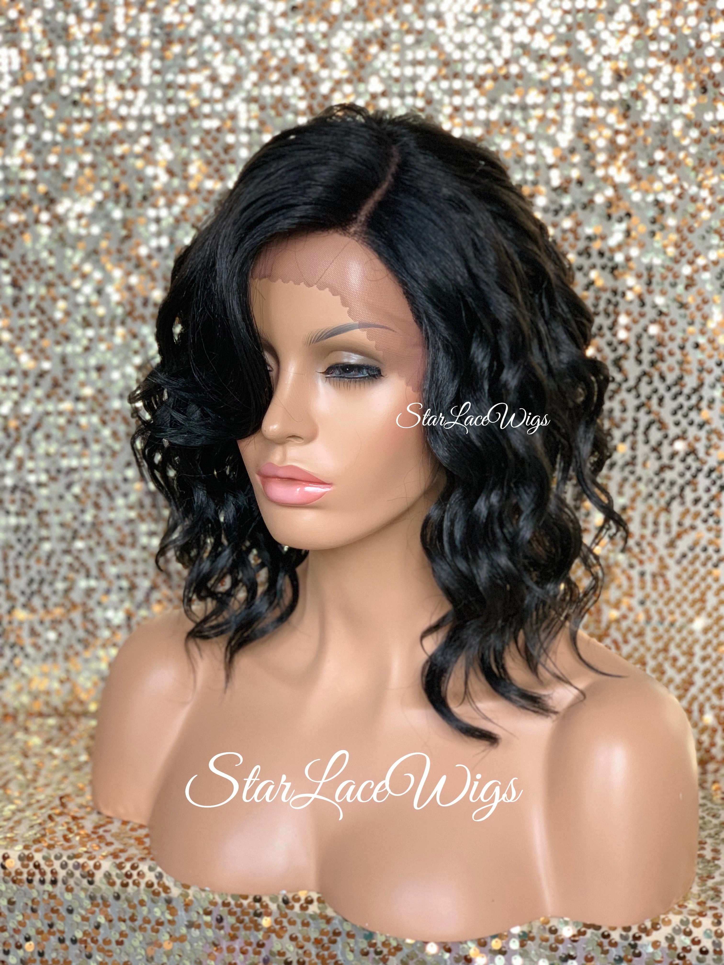 Lace Front Wig Asymmetrical Angled Bob Wavy Black Bangs - Trudy