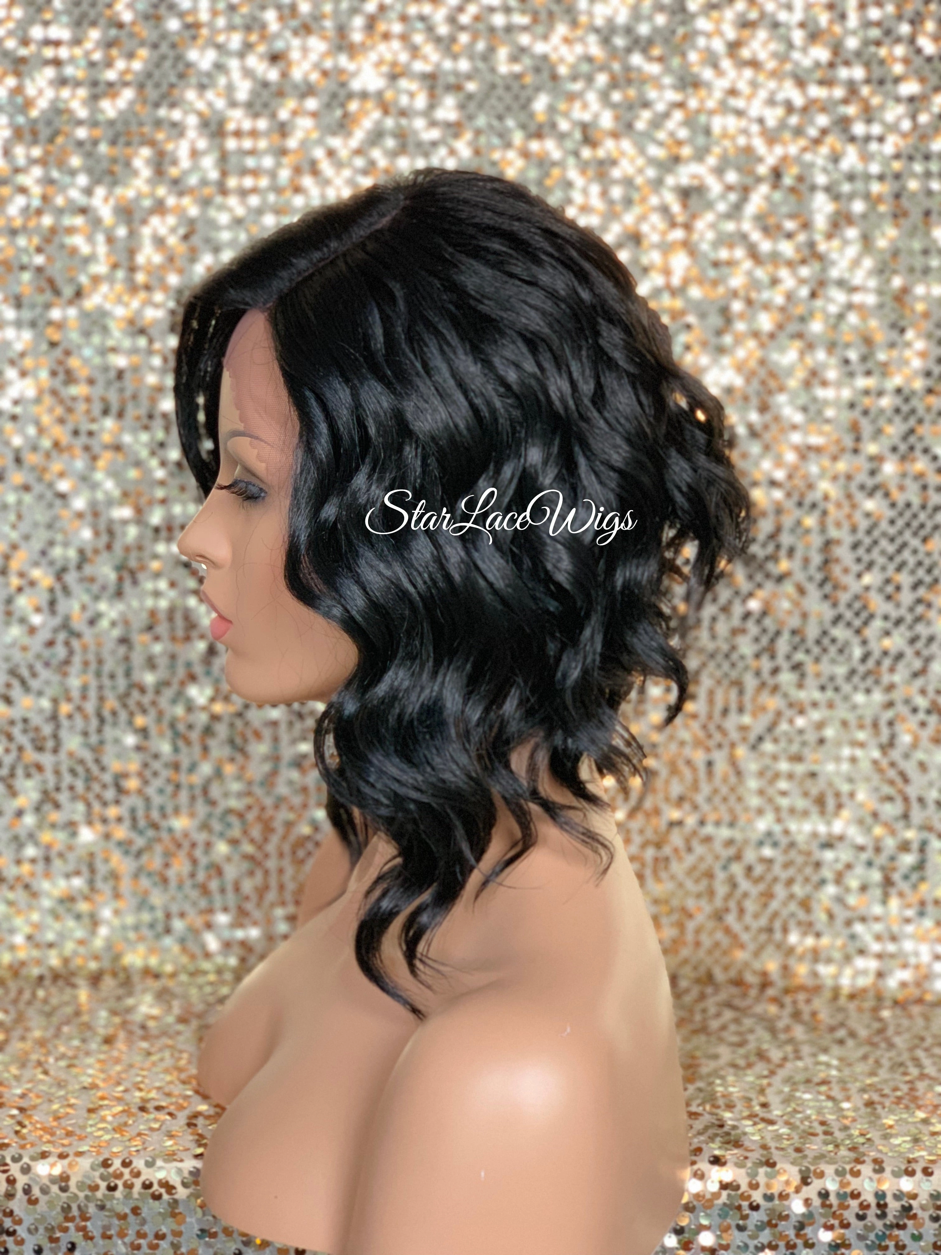 Lace Front Wig Asymmetrical Angled Bob Wavy Black Bangs - Trudy