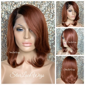 Lace Front Wig Bob Red Dark Roots Side Part Straight Bangs - Ruby