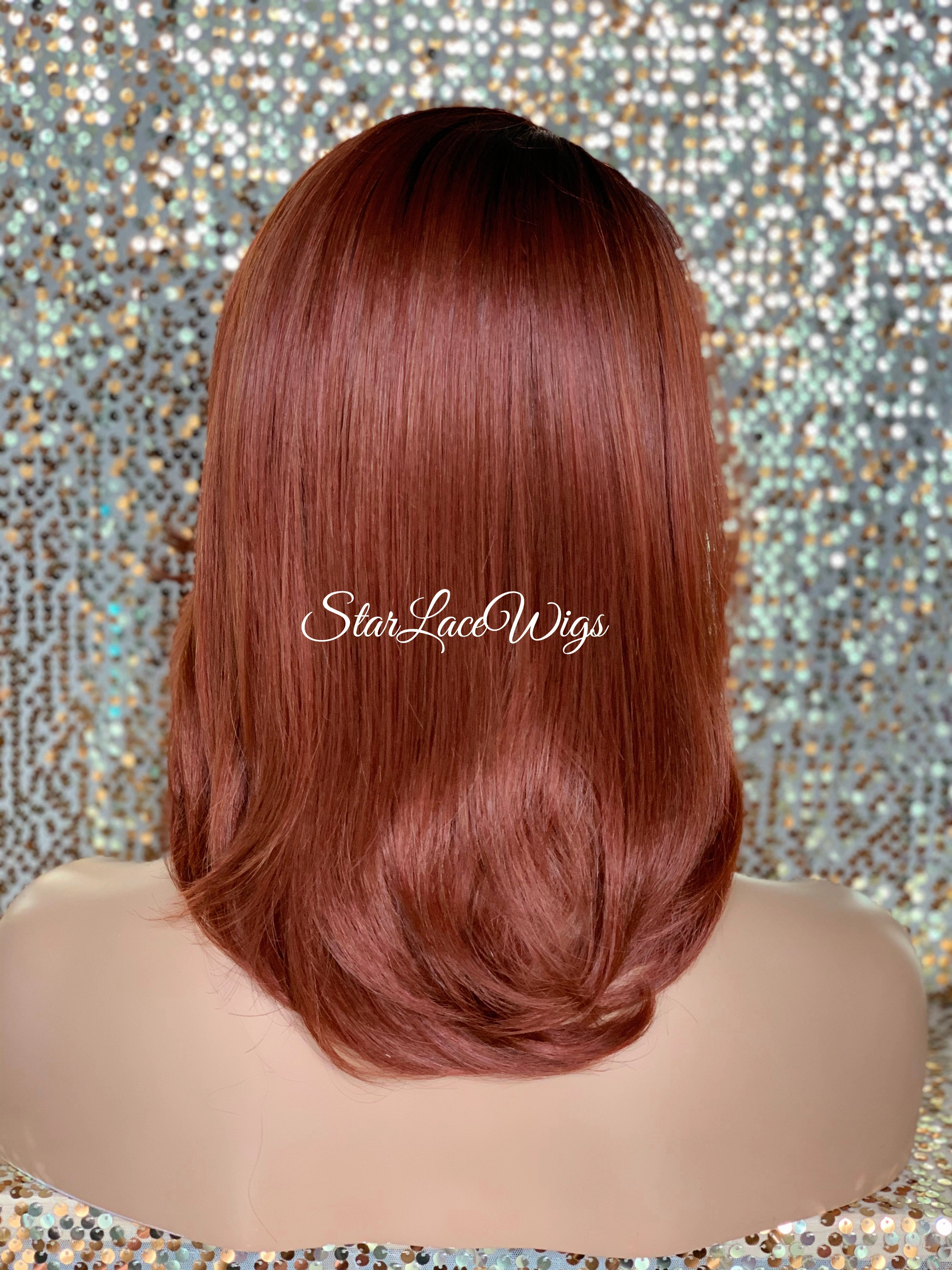 Lace Front Wig Bob Red Dark Roots Side Part Straight Bangs - Ruby