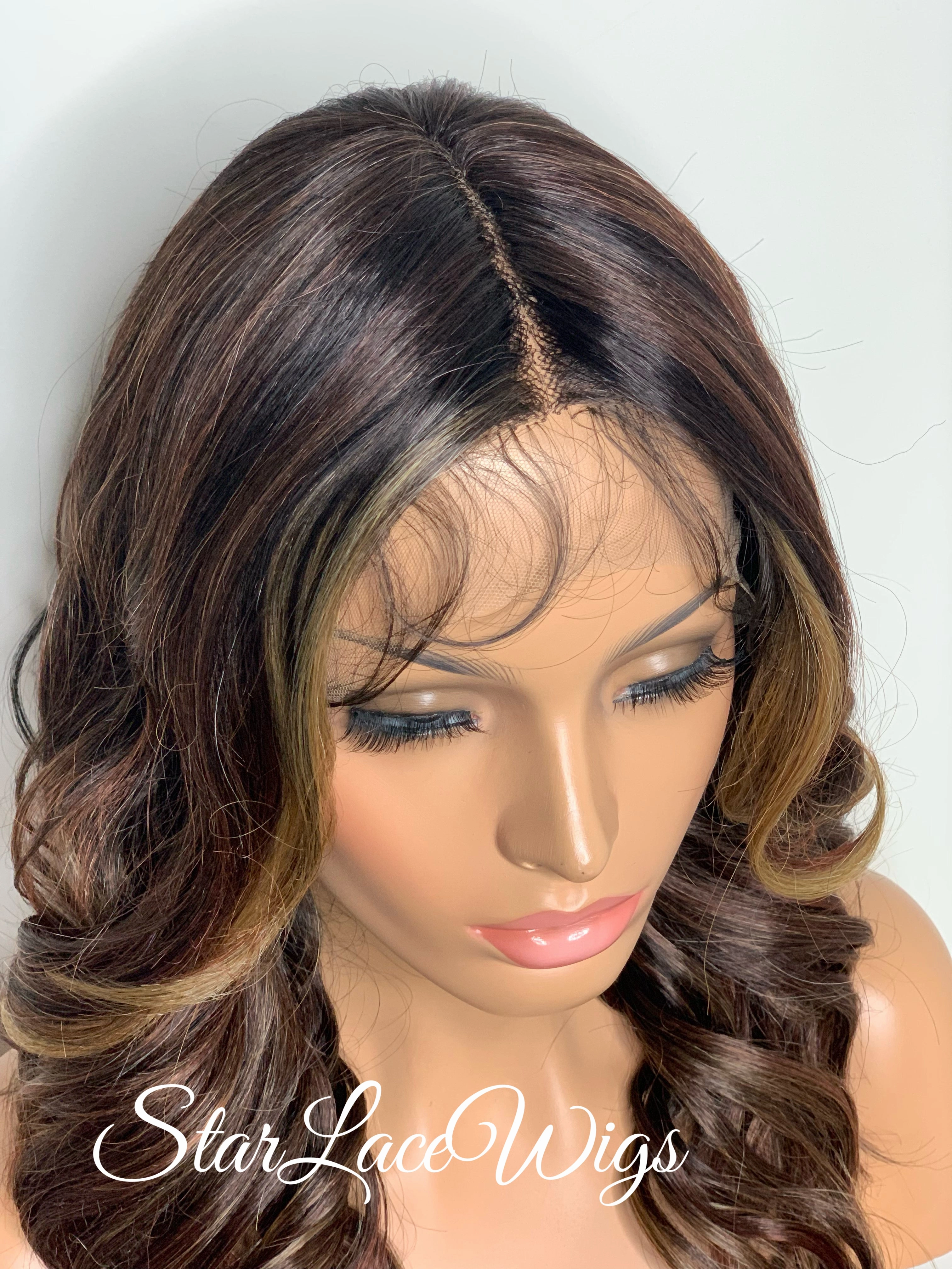 Lace Front Wig Long Curly Layers Brown Auburn Blonde Highlights - Ginger