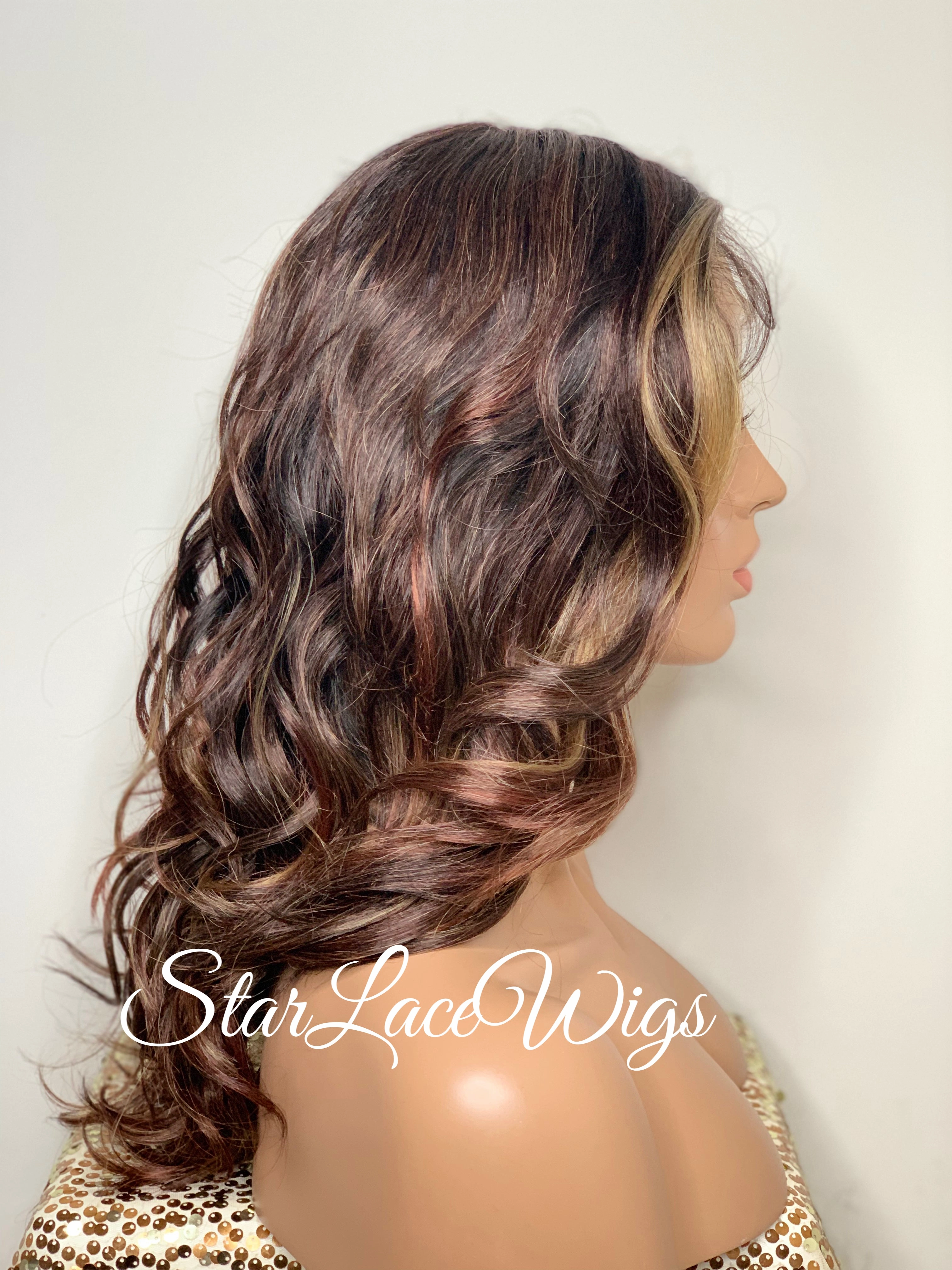 Lace Front Wig Long Curly Layers Brown Auburn Blonde Highlights - Ginger
