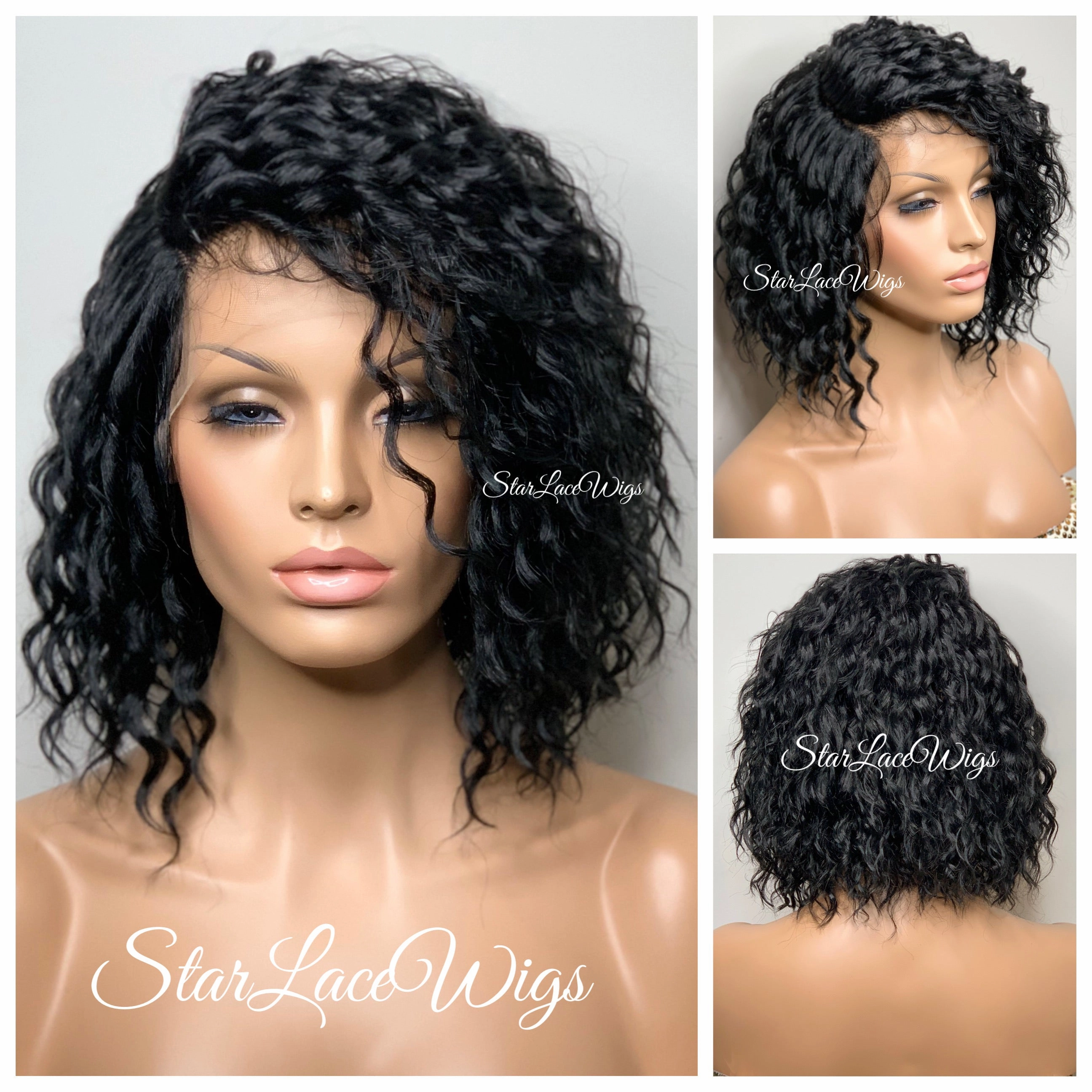 Lace Front Wig Short Wavy Synthetic Bob Black - Nova