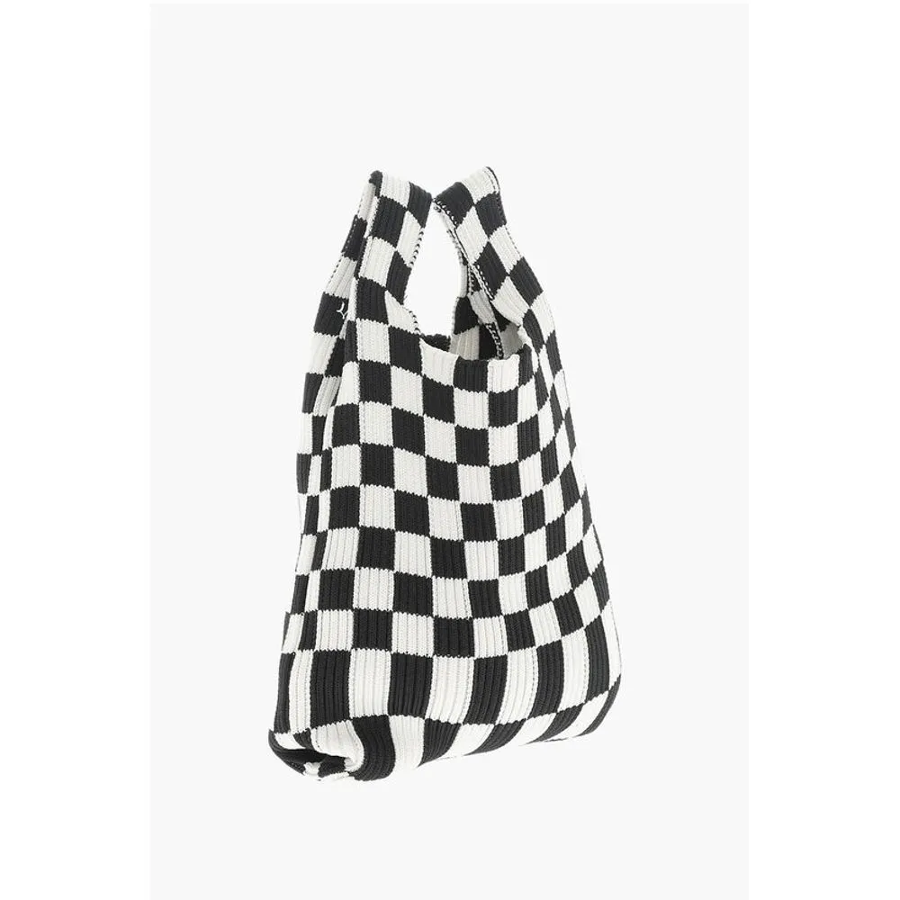 Last Frame Knitted Checked Mini Tote Bag with Faux Leather Shoulder Str