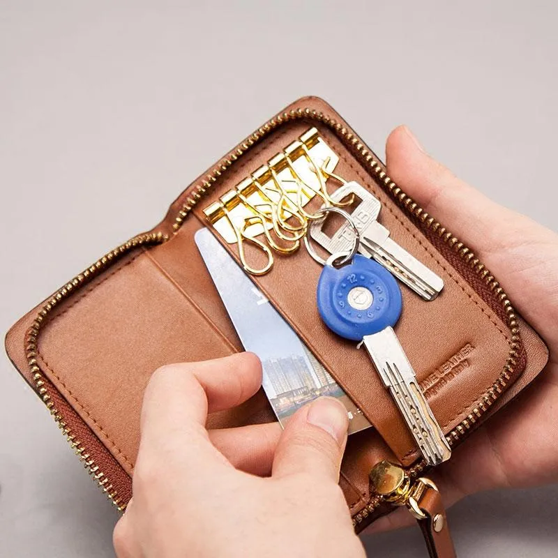 Leather Braided Men Small Key Wallet Bifold Small Keyring Wallet for Men