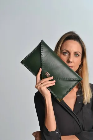 Leather Envelope Clutch In Dark Green
