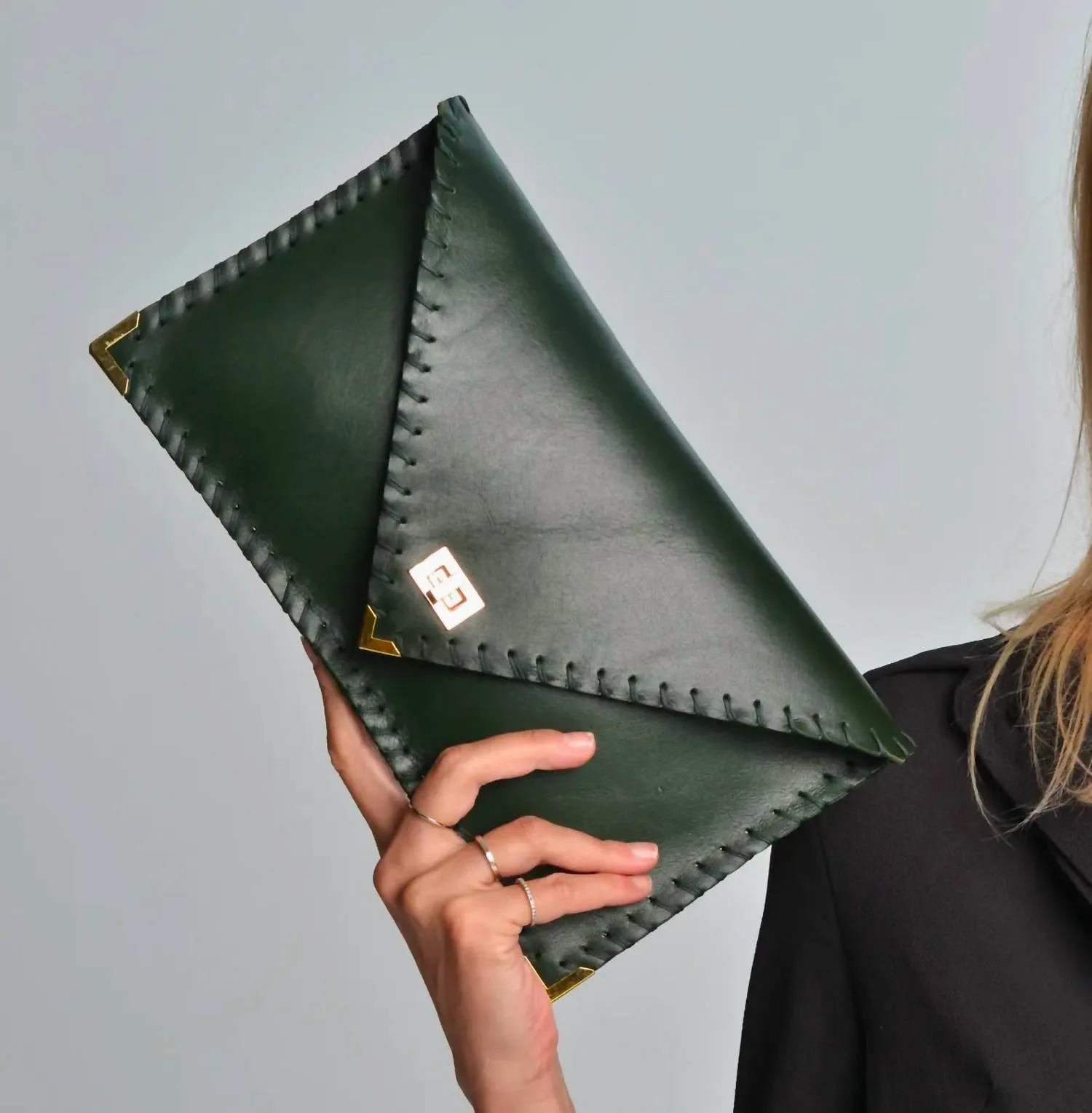 Leather Envelope Clutch In Dark Green
