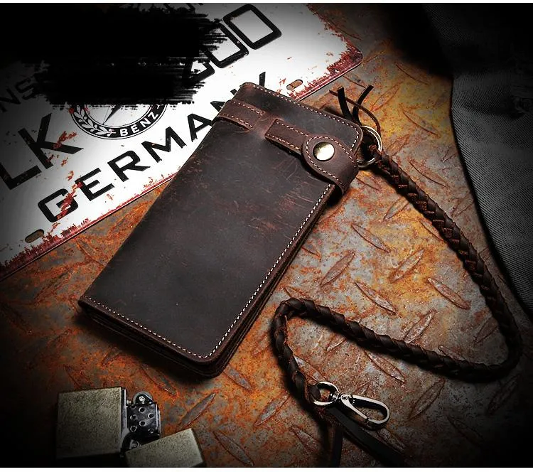Leather Mens Bifold Long Biker Wallets Biker Chain Wallet Long Trucker Wallet for Men