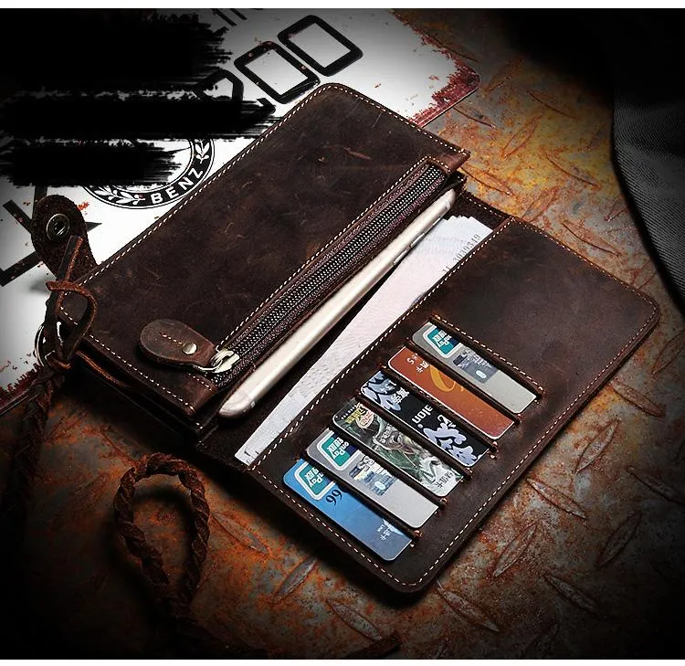 Leather Mens Bifold Long Biker Wallets Biker Chain Wallet Long Trucker Wallet for Men