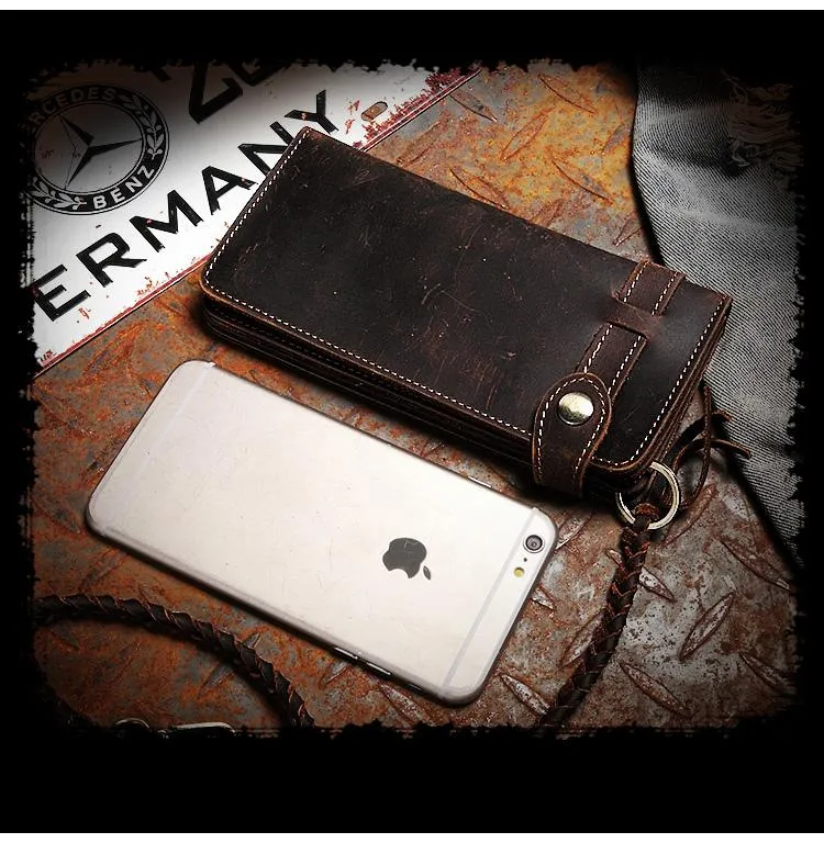 Leather Mens Bifold Long Biker Wallets Biker Chain Wallet Long Trucker Wallet for Men