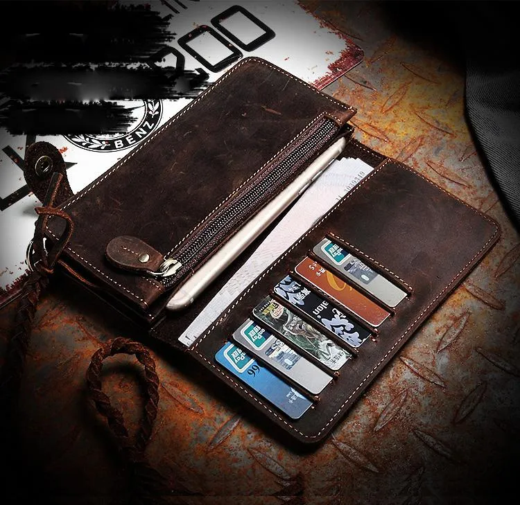 Leather Mens Bifold Long Biker Wallets Biker Chain Wallet Long Trucker Wallet for Men