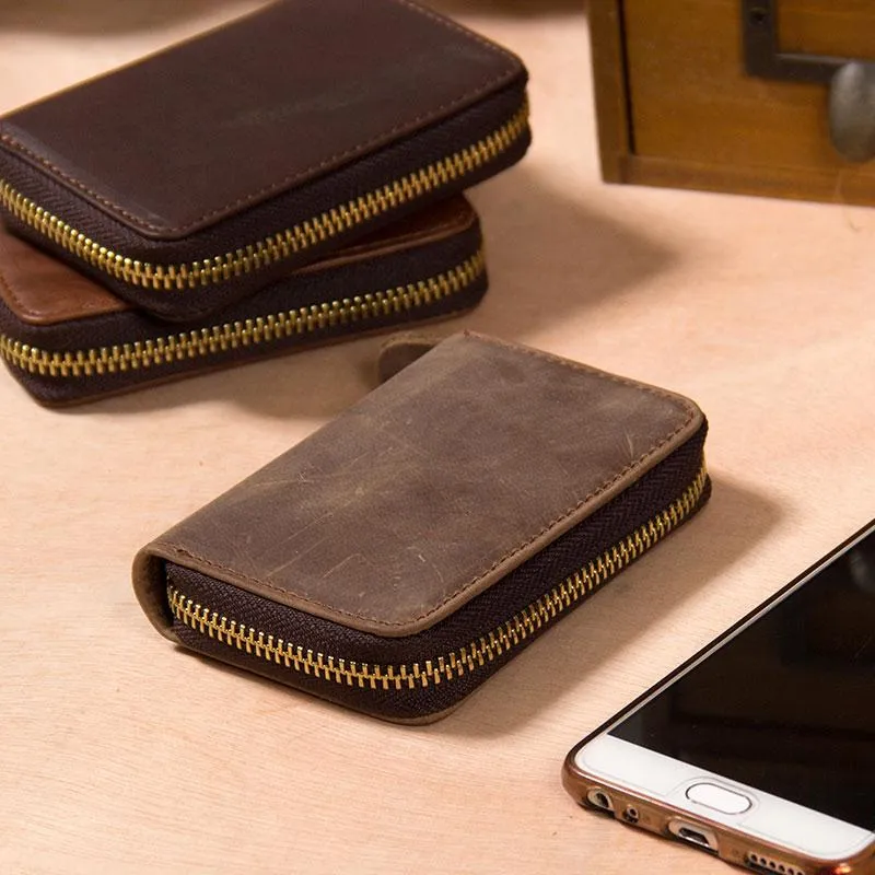 Leather Mens Cards Wallet Zipper Vintage Small Card Change Wallet for Men
