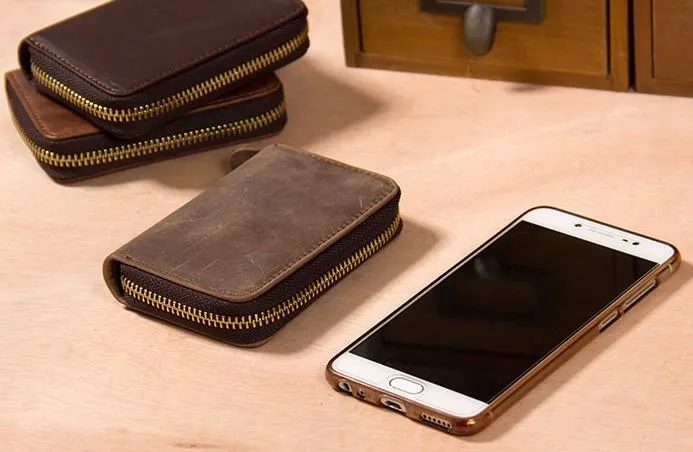 Leather Mens Cards Wallet Zipper Vintage Small Card Change Wallet for Men