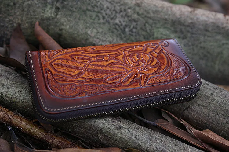 Leather Skull Tooled Mens Handmade Long Wallets Cool Death Zip Leather Wallet Clutch Wallet for Men