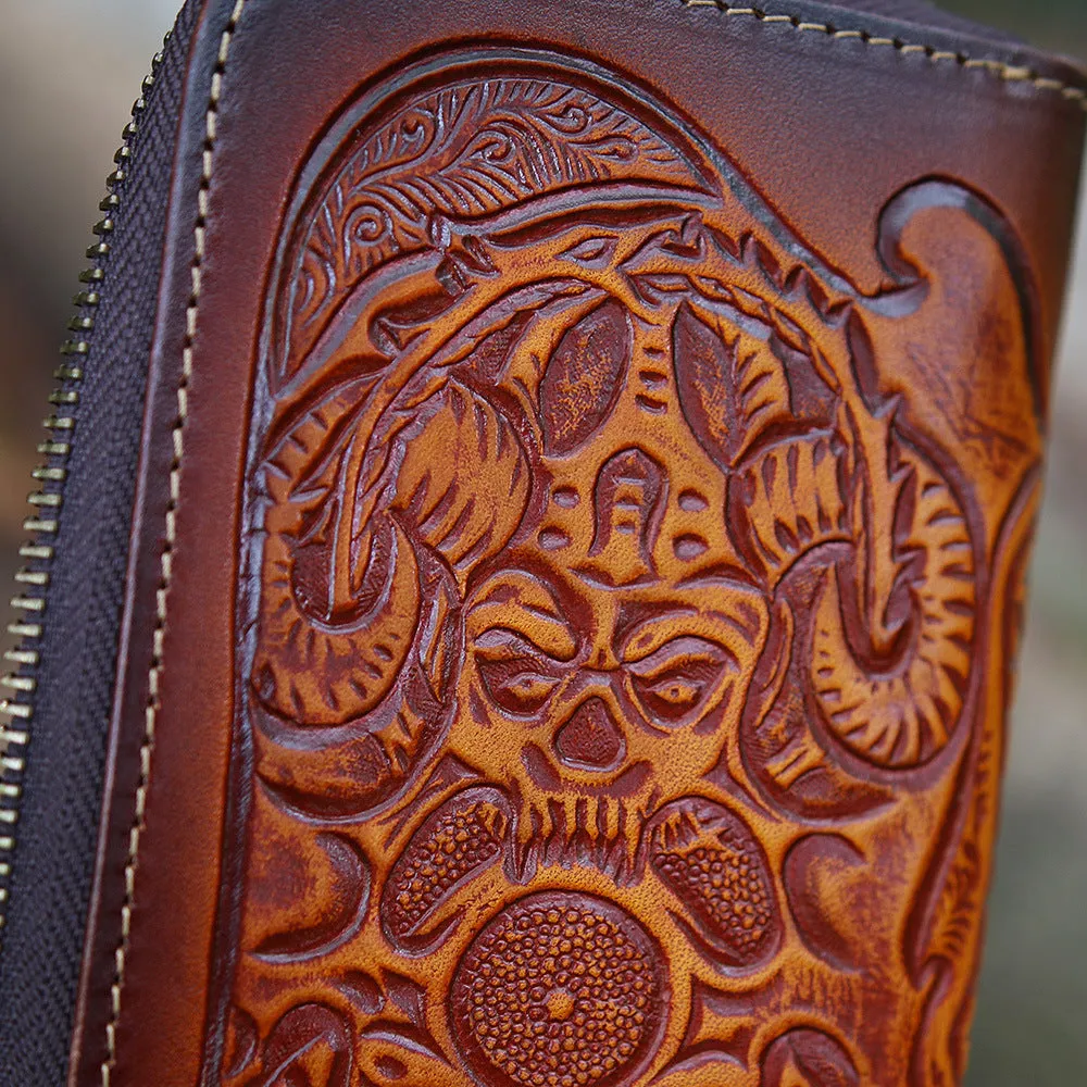 Leather Skull Tooled Mens Handmade Long Wallets Cool Death Zip Leather Wallet Clutch Wallet for Men