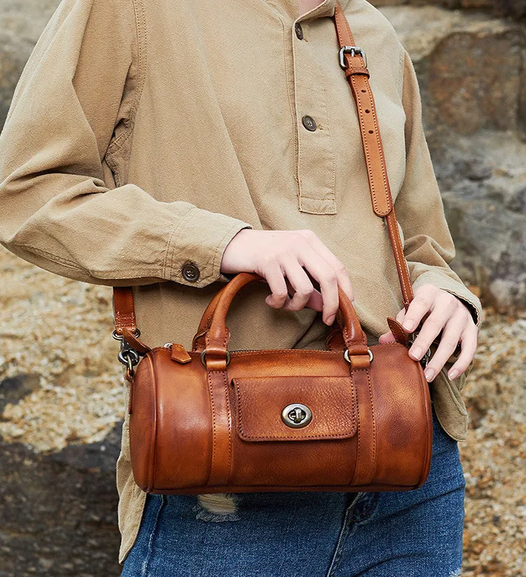 Leather Womens Barrel Handbag Handmade Barrel Handbag Crossbody Purse for Ladies