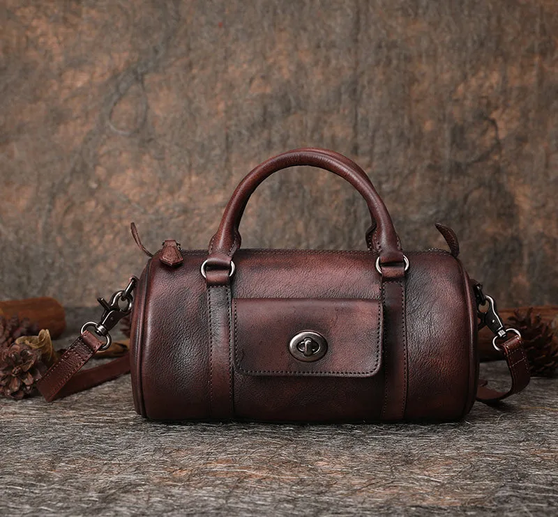 Leather Womens Barrel Handbag Handmade Barrel Handbag Crossbody Purse for Ladies