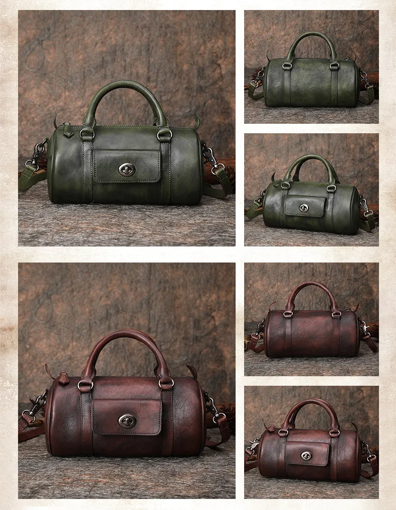 Leather Womens Barrel Handbag Handmade Barrel Handbag Crossbody Purse for Ladies