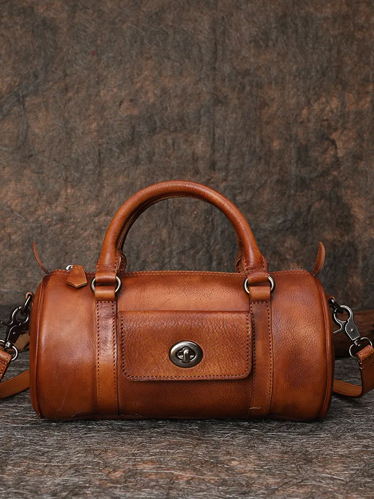Leather Womens Barrel Handbag Handmade Barrel Handbag Crossbody Purse for Ladies