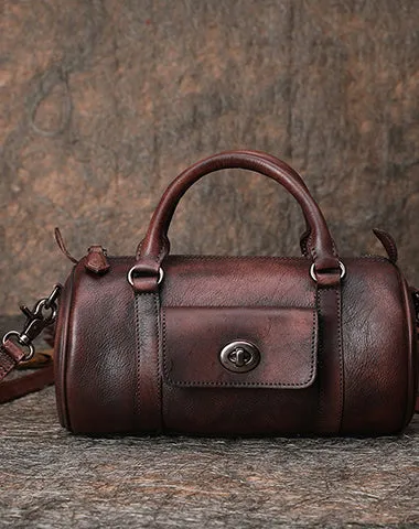 Leather Womens Barrel Handbag Handmade Barrel Handbag Crossbody Purse for Ladies