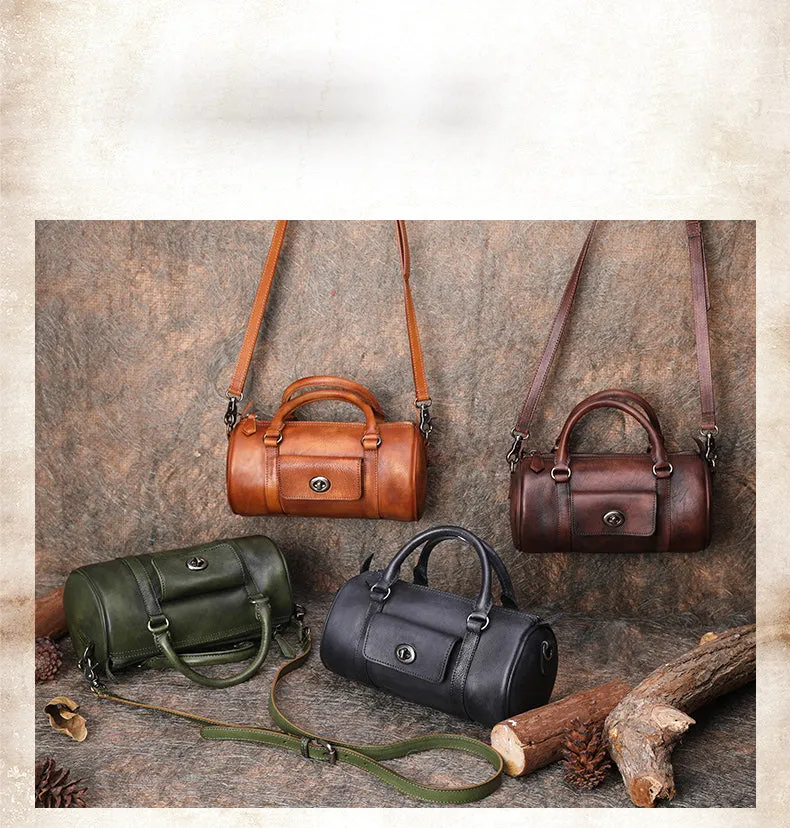 Leather Womens Barrel Handbag Handmade Barrel Handbag Crossbody Purse for Ladies