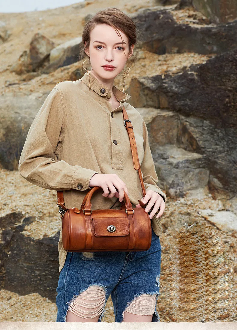 Leather Womens Barrel Handbag Handmade Barrel Handbag Crossbody Purse for Ladies