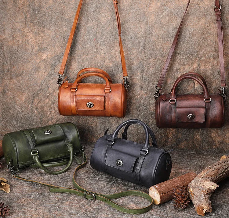 Leather Womens Barrel Handbag Handmade Barrel Handbag Crossbody Purse for Ladies