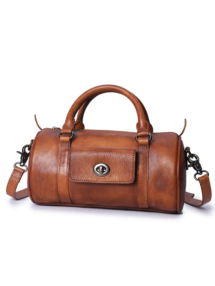 Leather Womens Barrel Handbag Handmade Barrel Handbag Crossbody Purse for Ladies