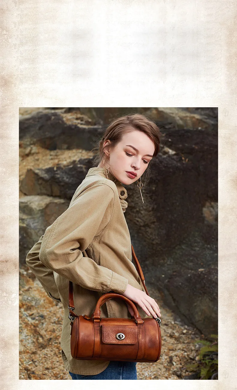 Leather Womens Barrel Handbag Handmade Barrel Handbag Crossbody Purse for Ladies