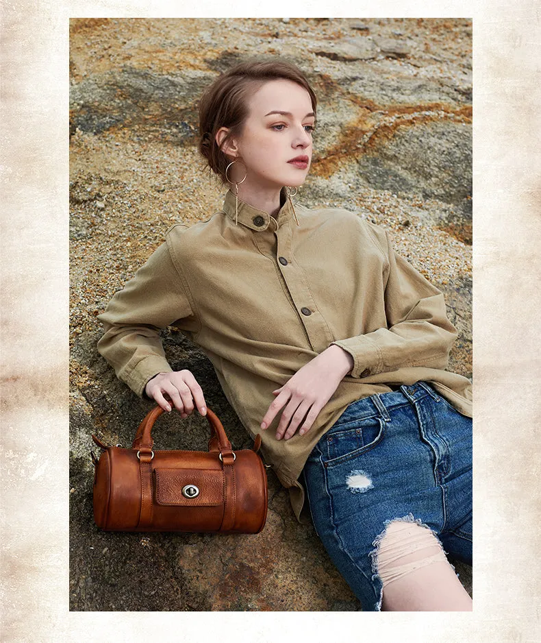 Leather Womens Barrel Handbag Handmade Barrel Handbag Crossbody Purse for Ladies