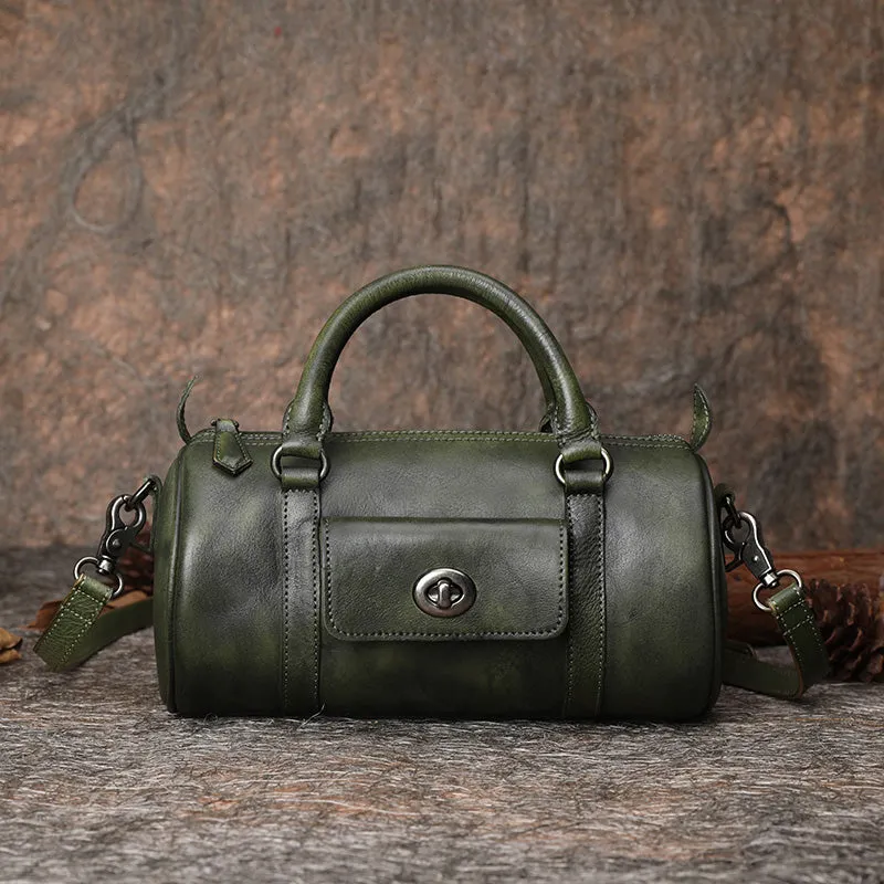Leather Womens Barrel Handbag Handmade Barrel Handbag Crossbody Purse for Ladies