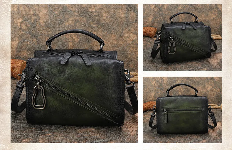 Leather Womens Buston Handbag Handmade Cube Handbag Crossbody Purse for Ladies