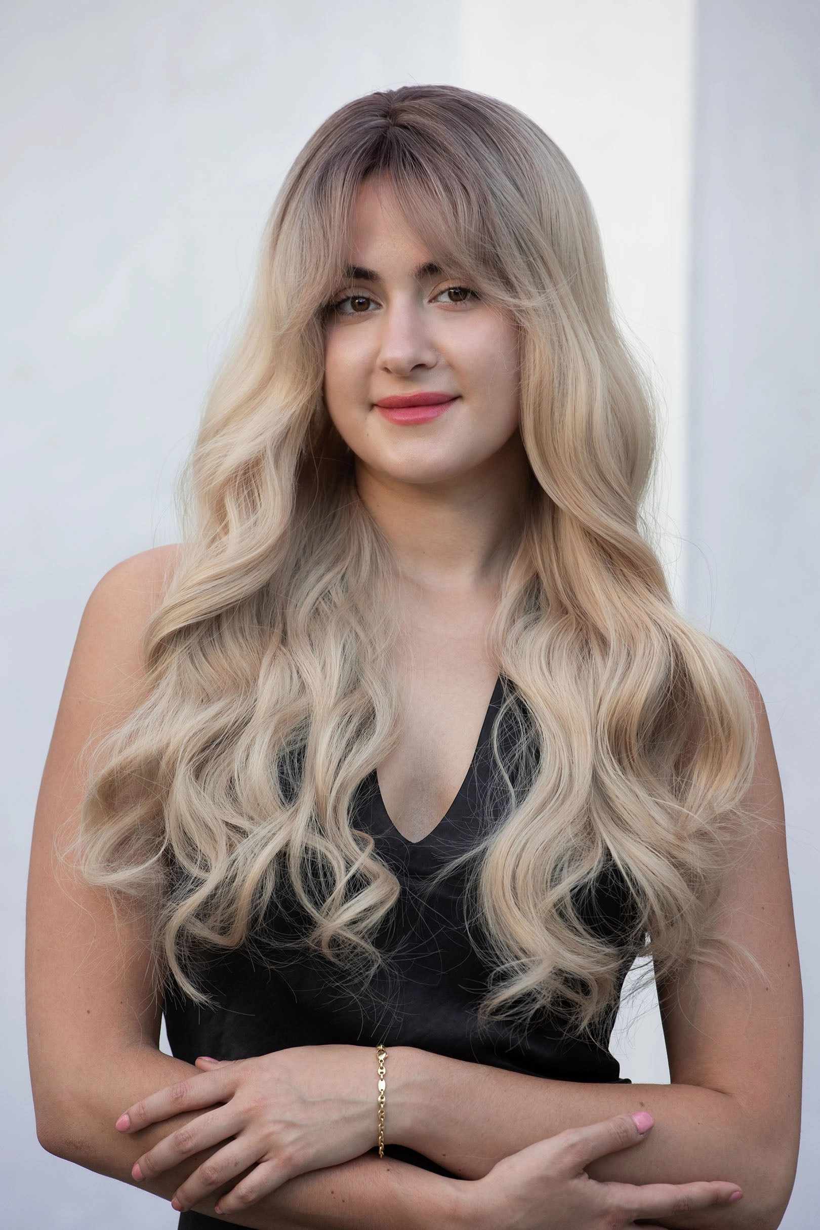 Light Blonde Ombre Wavy Synthetic Wig with Bangs Kenna