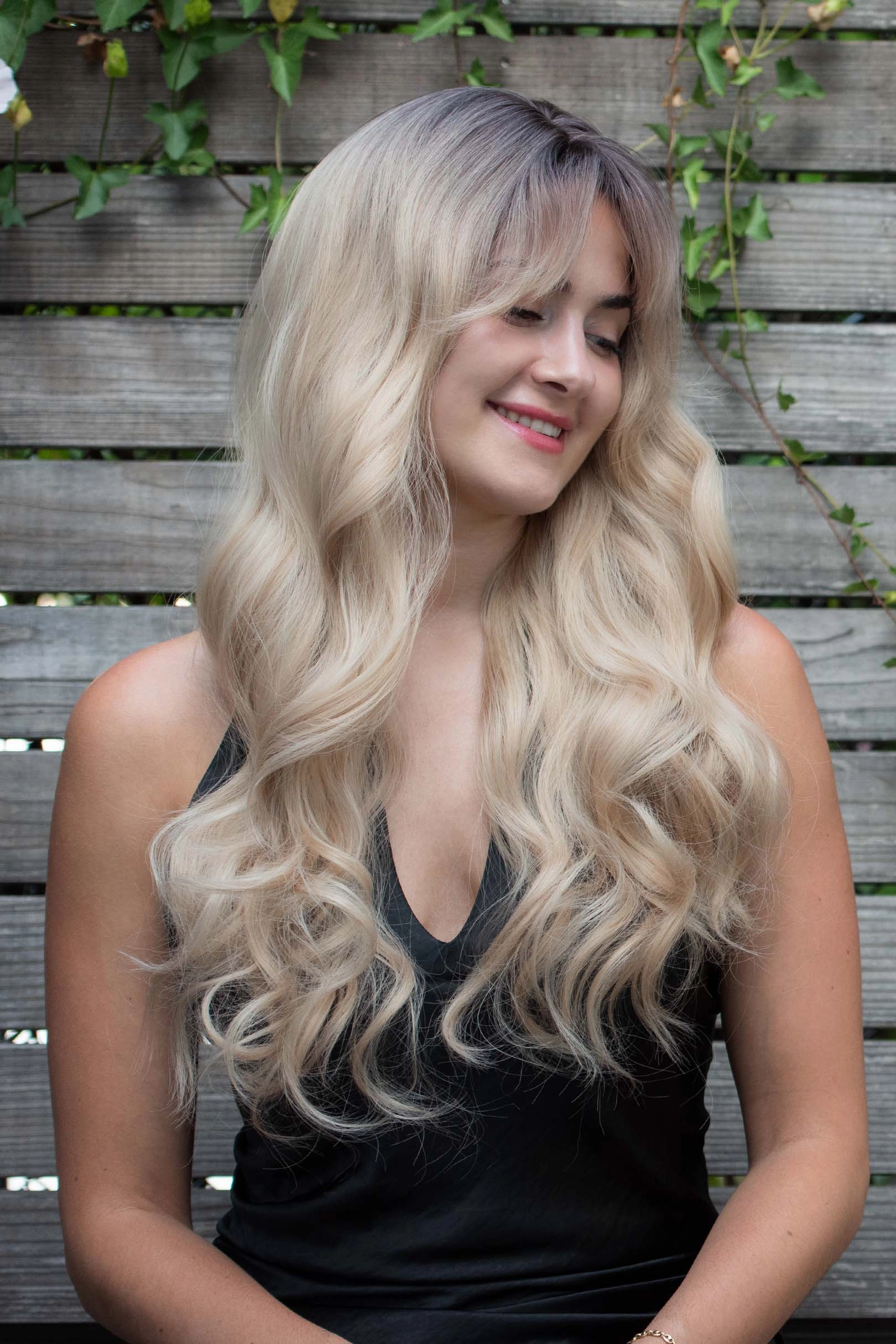 Light Blonde Ombre Wavy Synthetic Wig with Bangs Kenna Sabrina Look