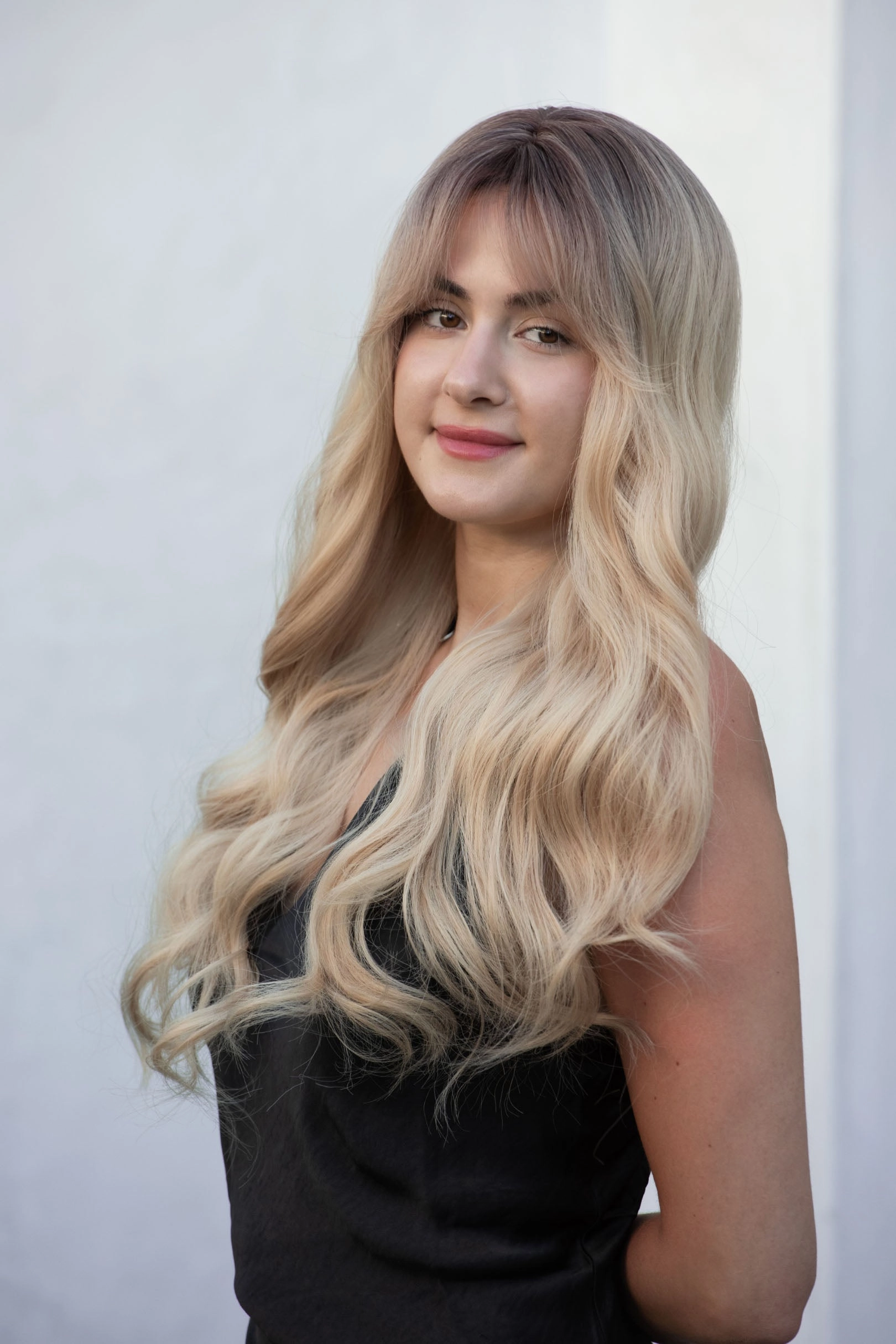 Light Blonde Ombre Wavy Synthetic Wig with Bangs Kenna Sabrina Look
