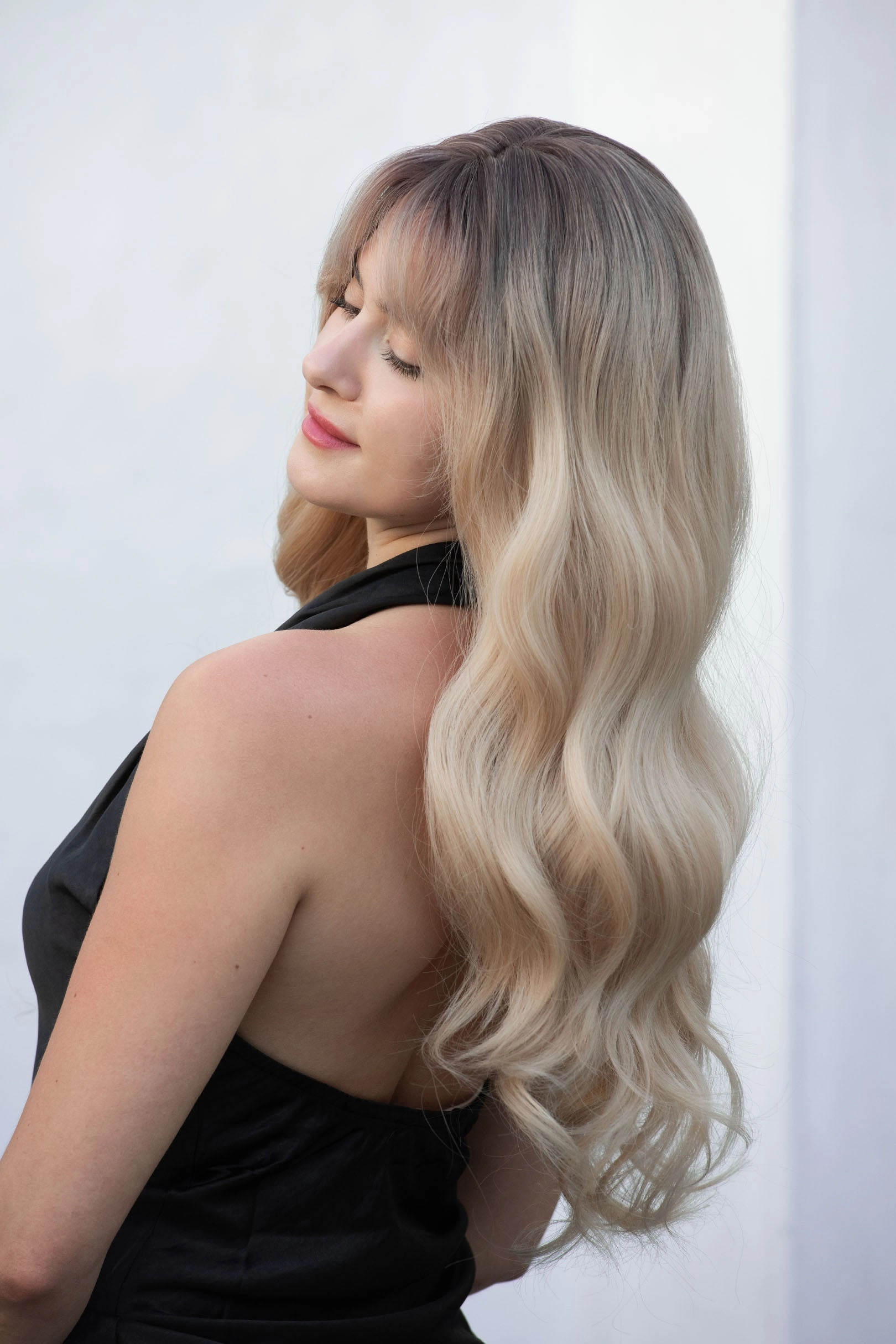 Light Blonde Ombre Wavy Synthetic Wig with Bangs Kenna Sabrina Look