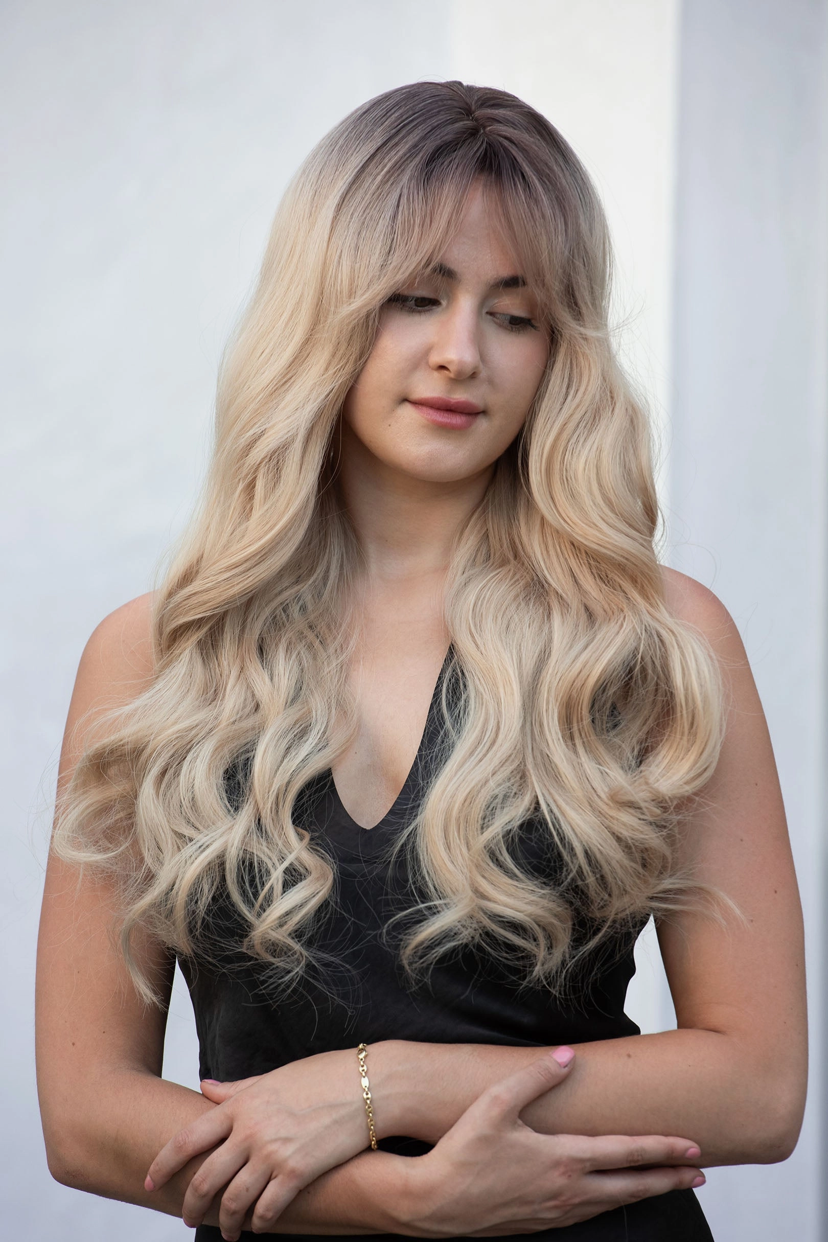 Light Blonde Ombre Wavy Synthetic Wig with Bangs Kenna Sabrina Look