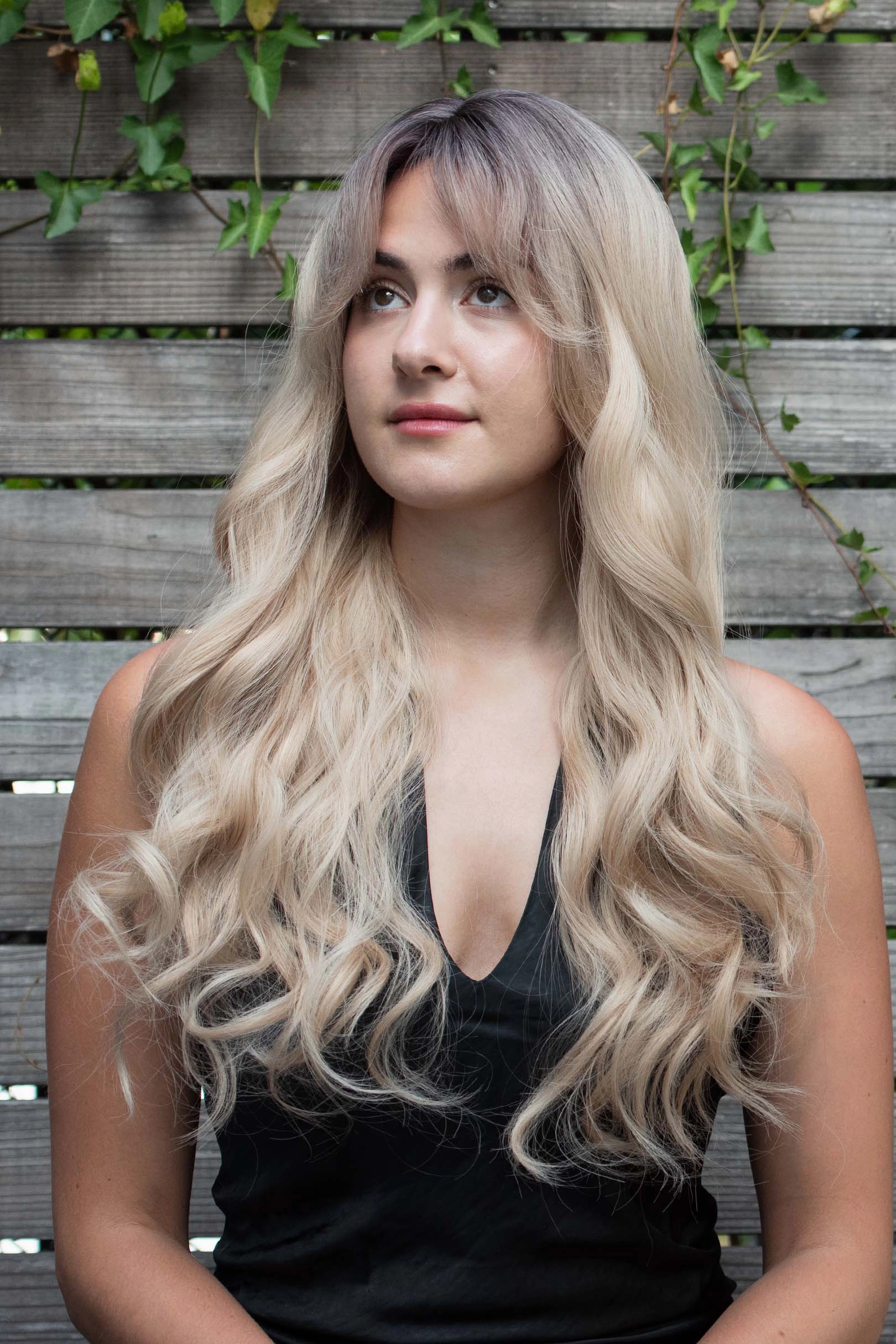 Light Blonde Ombre Wavy Synthetic Wig with Bangs Kenna Sabrina Look