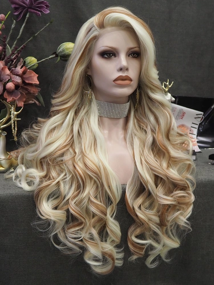 Lizzy  - White Blonde And Brown Highlights Long Loose Curl Synthetic Lace Front Wig For Women