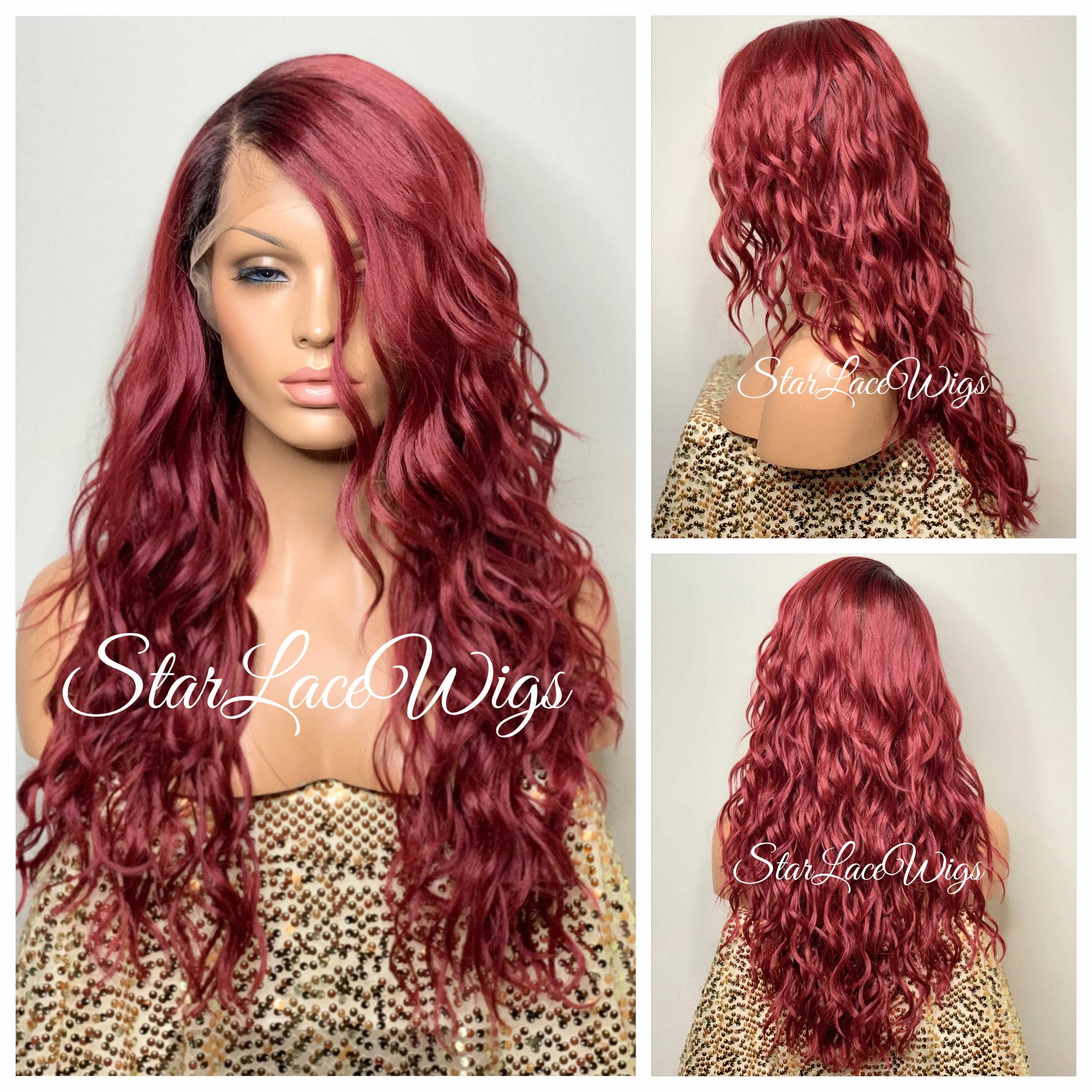 Long Burgundy Wavy Synthetic Lace Front Wig Dark Roots Side Part - Quinn
