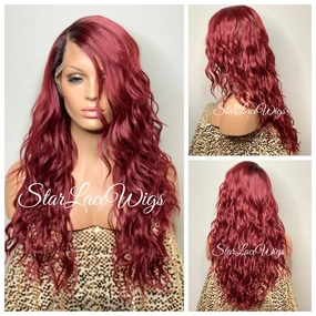 Long Burgundy Wavy Synthetic Lace Front Wig Dark Roots Side Part - Quinn